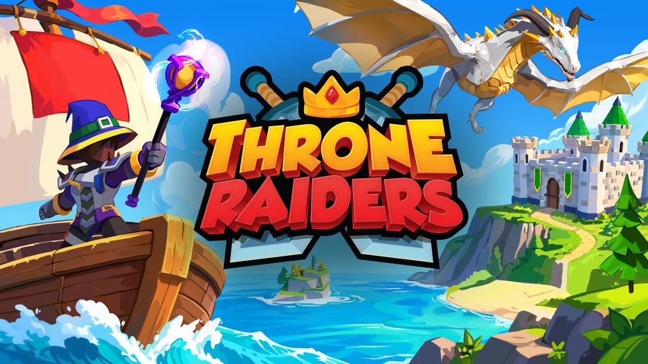 Throne Raiders — a wizard setting sail toward an island castle as a dragon flies overhead
